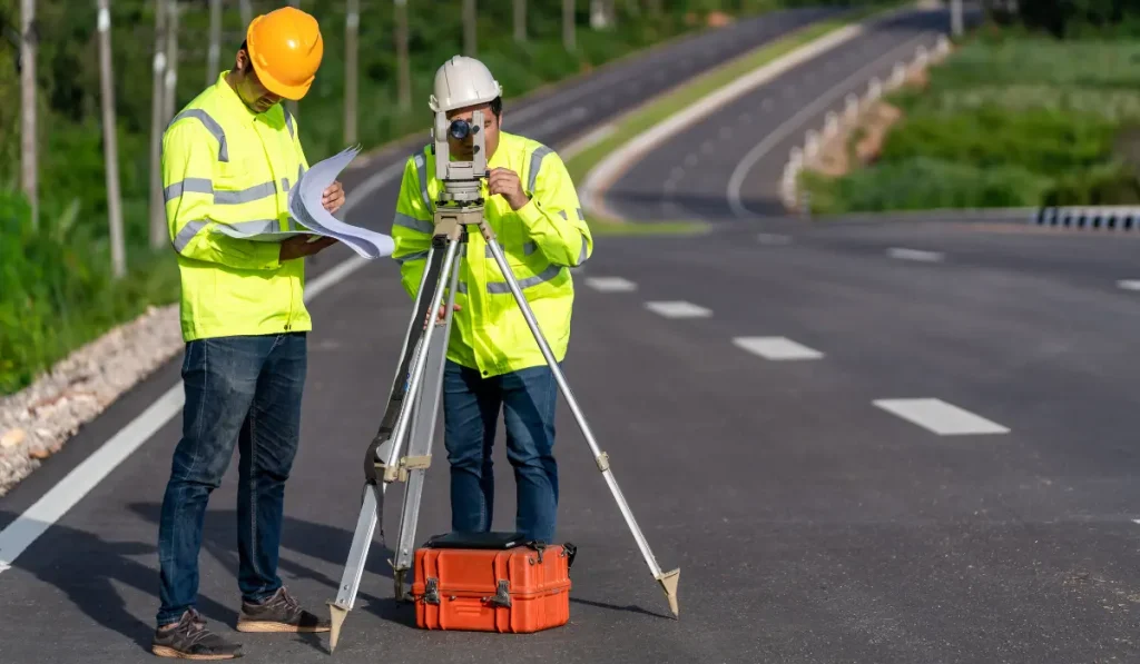 Two surveyors wearing neon safety vests and helmets stand on a paved road shoulder, analyzing data on a tablet next to a total station on a tripod.