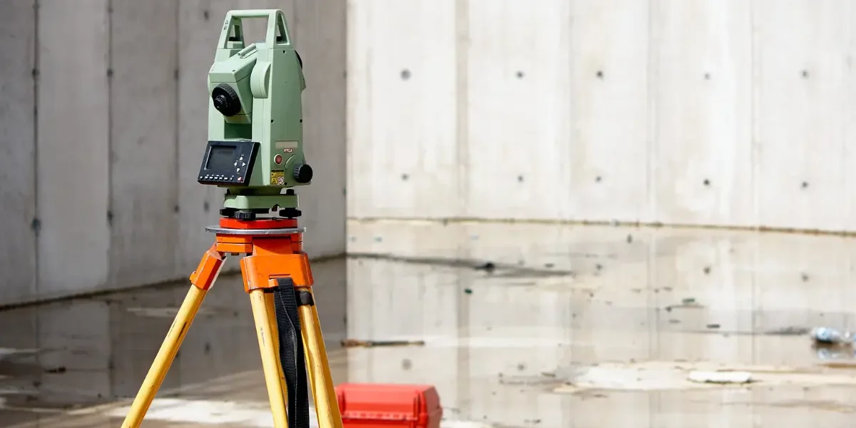 A total station in an empty construction area.