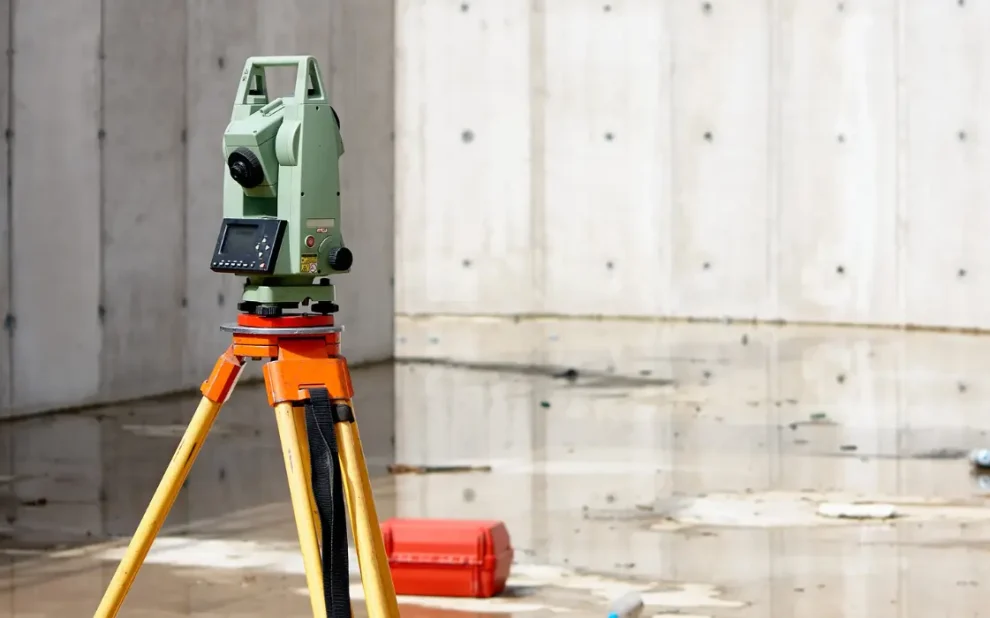 A total station in an empty construction area.