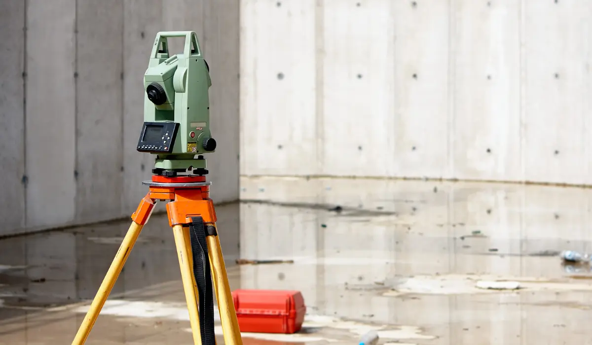 A total station in an empty construction area.