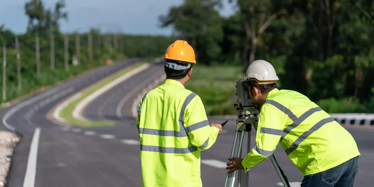 Road construction surveyors using equipment along a newly paved roadway surrounded by greenery.